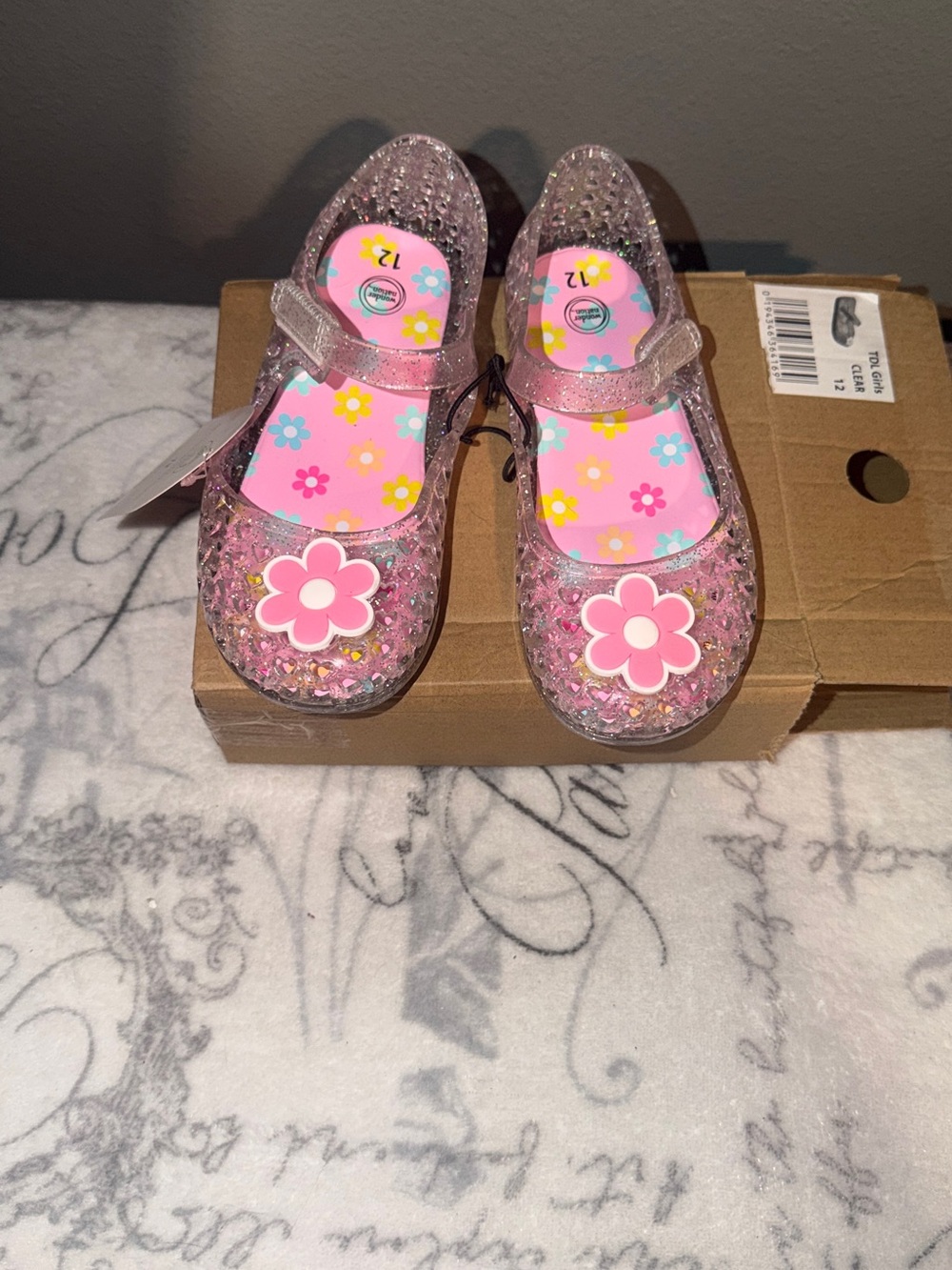 Girls' Pink Glitter Jelly Mary Jane Shoes with Flower Accent